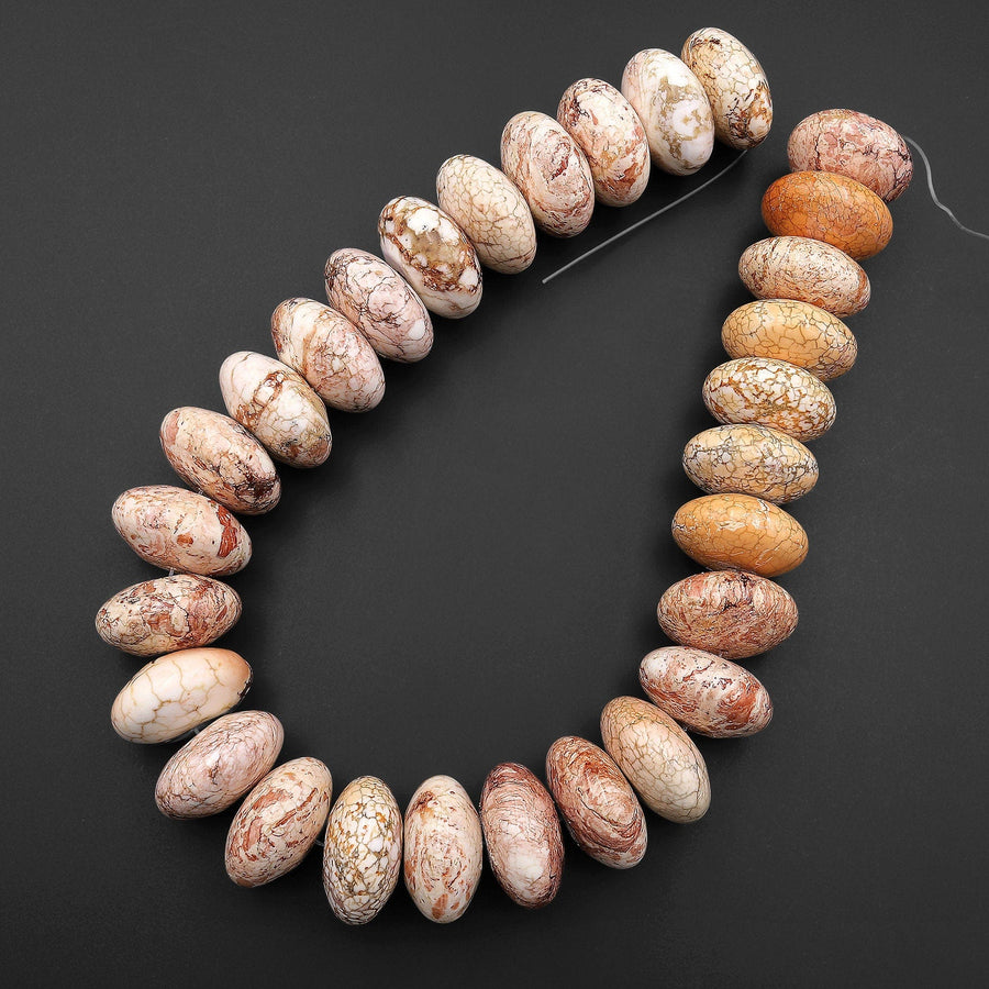 Large Natural White Turquoise Magnesite Beads Rare Red Iron Matrix 28mm Smooth Rondelle Wheel 15.5" Strand