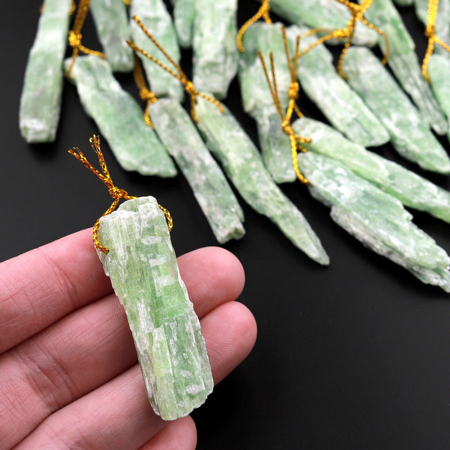Side Drilled Raw Natural Green Kyanite Pendant Freeform Irregular Gemstone Spike Point Raw Rough Crystal Focal Bead