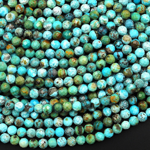 Natural Turquoise 4mm Faceted Round Beads Real Genuine Vibrant Blue Green Turquoise Micro Diamond Cut 15.5" Strand