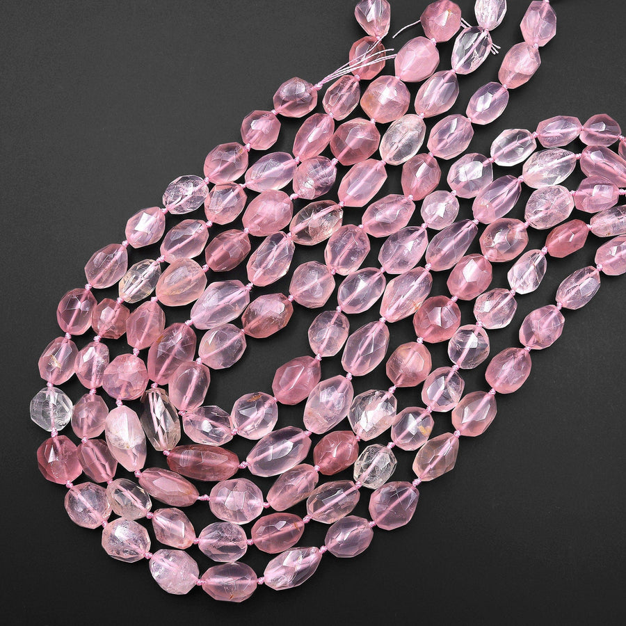AAA Faceted Translucent Natural Rose Quartz Nugget Beads Pink Gemstone From Madagascar 15.5" Strand