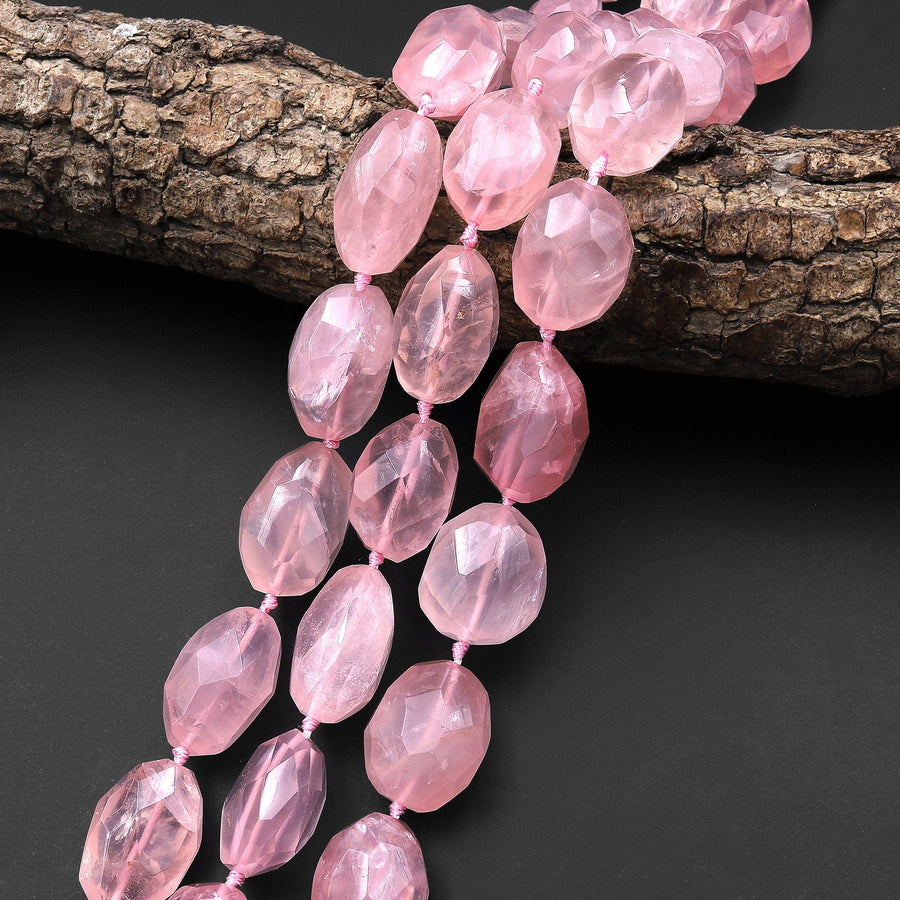 AAA Large Faceted Translucent Natural Rose Quartz Nugget Beads Pink Gemstone From Madagascar 15.5" Strand