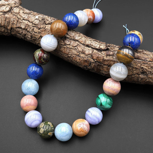 Multicolor Mixed Gemstone 18mm Round Beads Blue Lace Agate Lapis Aquamarine Malachite Chalcedony Dragon Blood Jasper 15.5" Strand