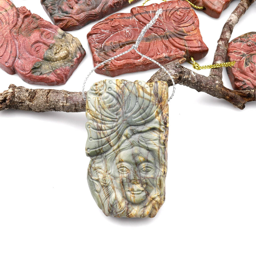 Natural Red Creek Jasper Pendant Hand Carved Butterfly Woman Face Side Drilled Aka MultiColor Picasso Jasper A3