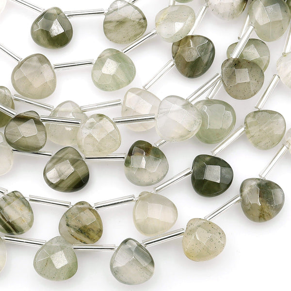 AAA Faceted Natural Green Actinolite In Quartz Beads Faceted Teardrop Pear 10mm 15.5" Strand