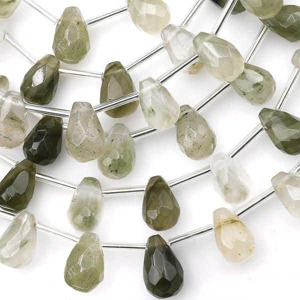 AAA Faceted Natural Green Actinolite In Quartz Beads Faceted Teardrop Briolette 15.5" Strand