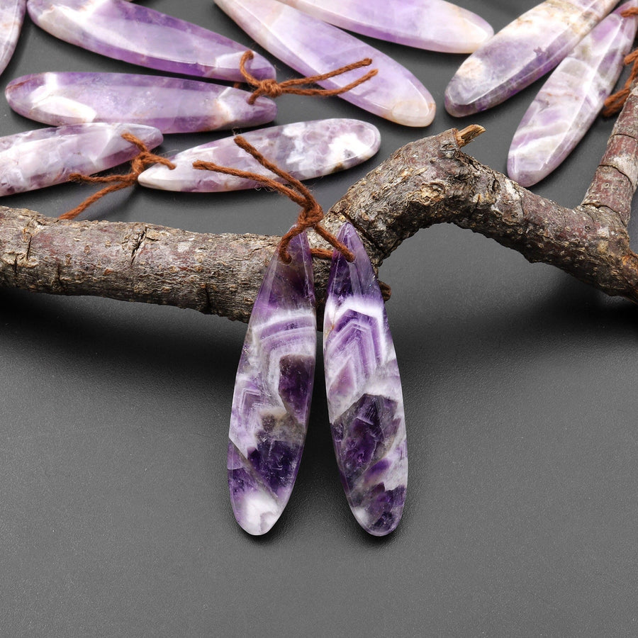 Natural Chevron Amethyst Earring Pair Teardrop Matched Gemstone Beads A4