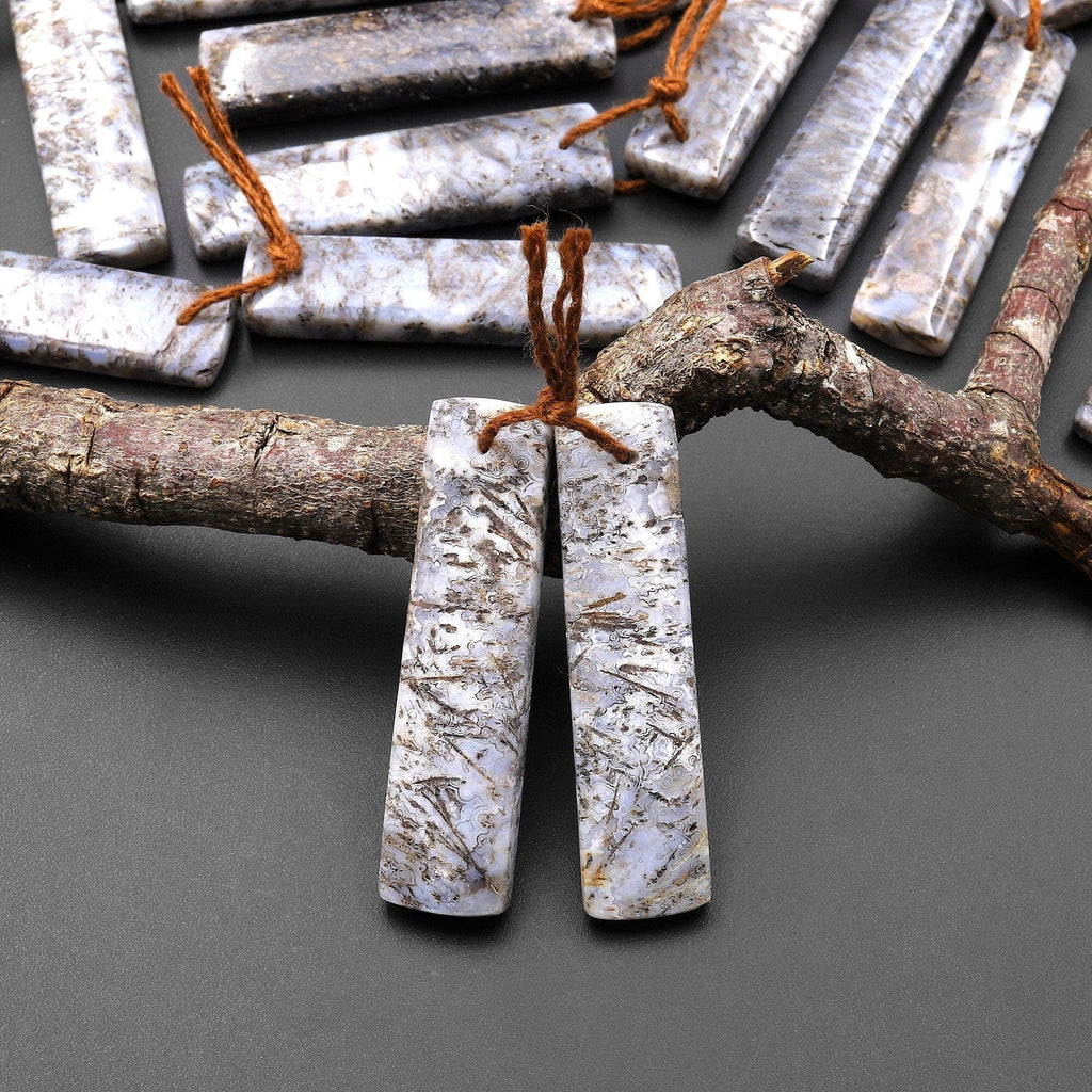 Rare Natural Turkish Needle Agate Earring Pair Drilled Matched Rectangle Gemstone Beads A1