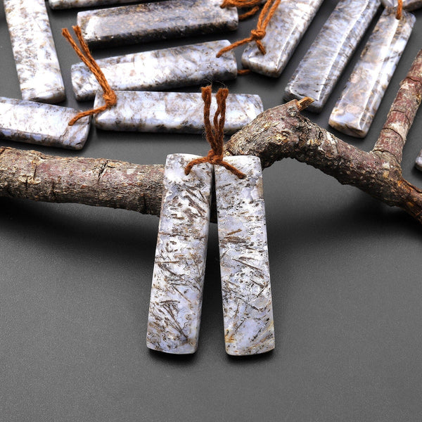 Rare Natural Turkish Needle Agate Earring Pair Drilled Matched Rectangle Gemstone Beads A1