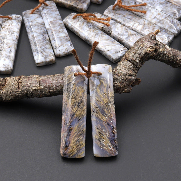 Rare Natural Turkish Needle Agate Earring Pair Drilled Matched Rectangle Gemstone Beads