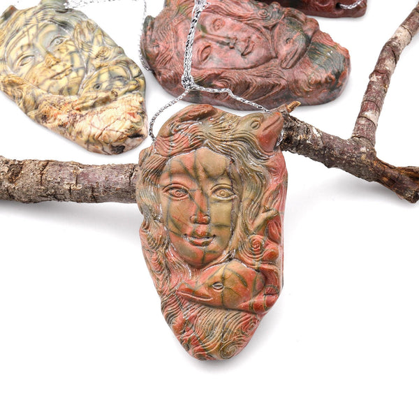 Natural Red Creek Jasper Pendant Hand Carved Dolphin Woman Face Side Drilled Aka MultiColor Picasso Jasper