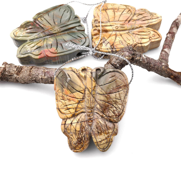 Large Hole Pendant Hand Carved Natural Red Creek Jasper Side Drilled Butterfly Focal Bead Aka MultiColor Picasso Jasper