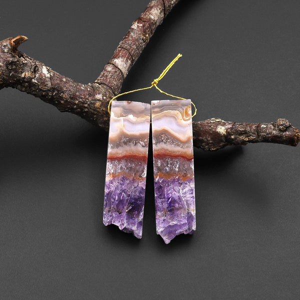 Natural Amethyst Stalactite Slice Matched Earring Rectangle Gemstone Bead Pair A44