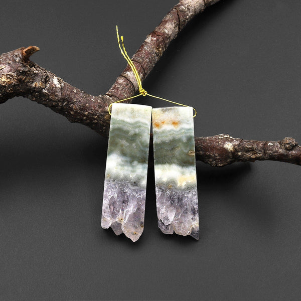 Natural Amethyst Stalactite Slice Matched Earring Rectangle Gemstone Bead Pair A55
