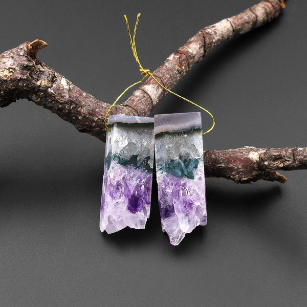 Natural Amethyst Stalactite Slice Matched Earring Rectangle Gemstone Bead Pair A77