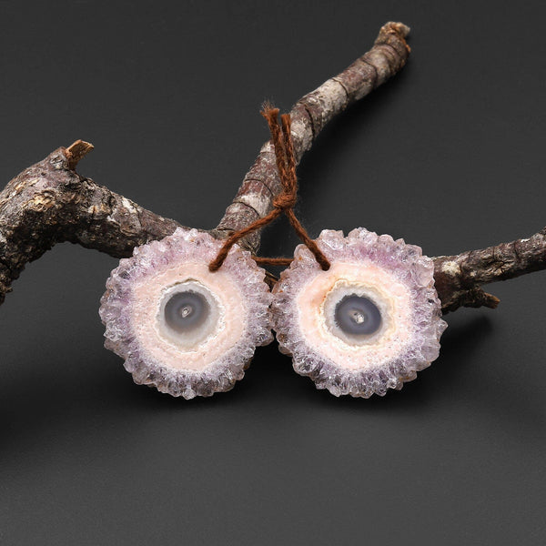 Natural Amethyst Stalactite Flower Earring Pair Cabochon Cab Pair Drilled Matched Earrings Bead Pair E0175