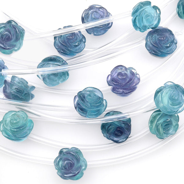 Natural Blue Fluorite Hand Carved Rose Flower Gemstone Beads 12mm 8" Strand