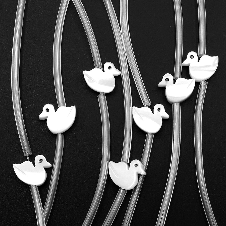 AAA Iridescent Carved Natural White Mother of Pearl Shell Baby Duck Beads 5 Pieces 8" Strand