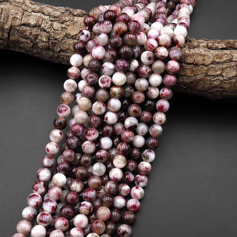 Natural Red Tourmaline Rubellite in Quartz 4mm 6mm 8mm 10mm Smooth Round Beads 15.5" Strand