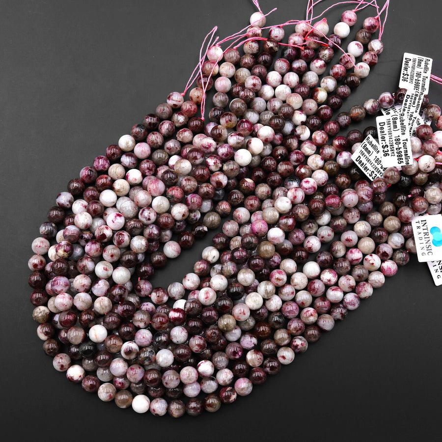Natural Red Tourmaline Rubellite in Quartz 4mm 6mm 8mm 10mm Smooth Round Beads 15.5" Strand