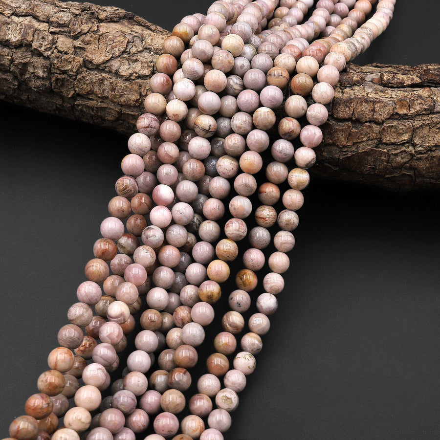 Rare Natural Pink Beige Petrified Wood Beads 6mm Smooth Round Beads 15.5" Strand
