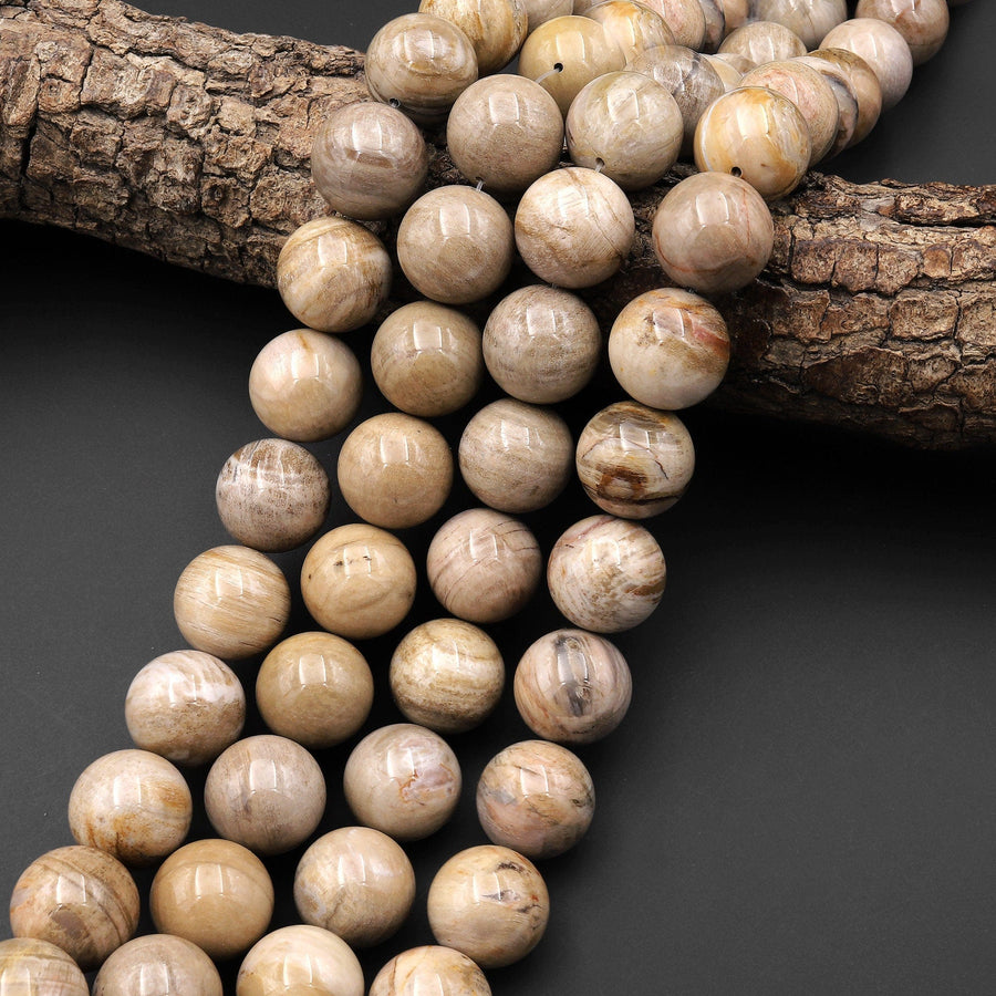 Large Natural Petrified Wood Beads Fossil 16mm 18mm Round Beads Earthy Beige Gemstone 15.5" Strand