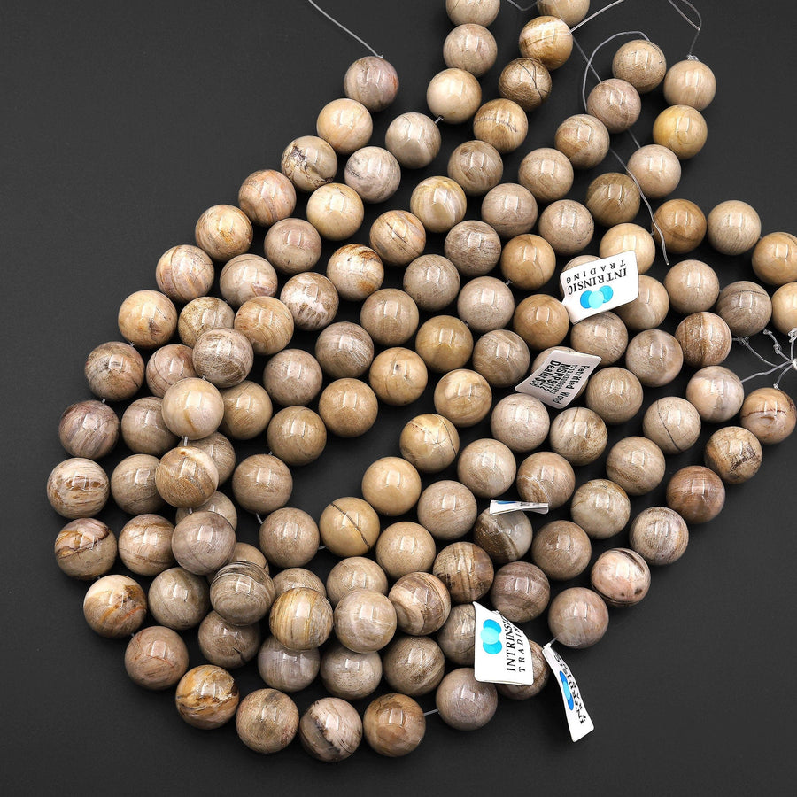 Large Natural Petrified Wood Beads Fossil 16mm 18mm Round Beads Earthy Beige Gemstone 15.5" Strand