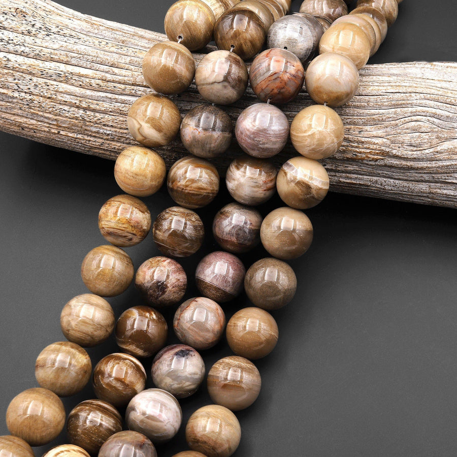 Large Natural Petrified Wood Beads Fossil 18mm Round Beads Earthy Beige Gemstone 15.5" Strand