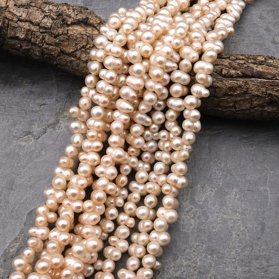 Genuine Soft Peach Freshwater Twin Baroque Pearl Center Drilled 15.5" Strand