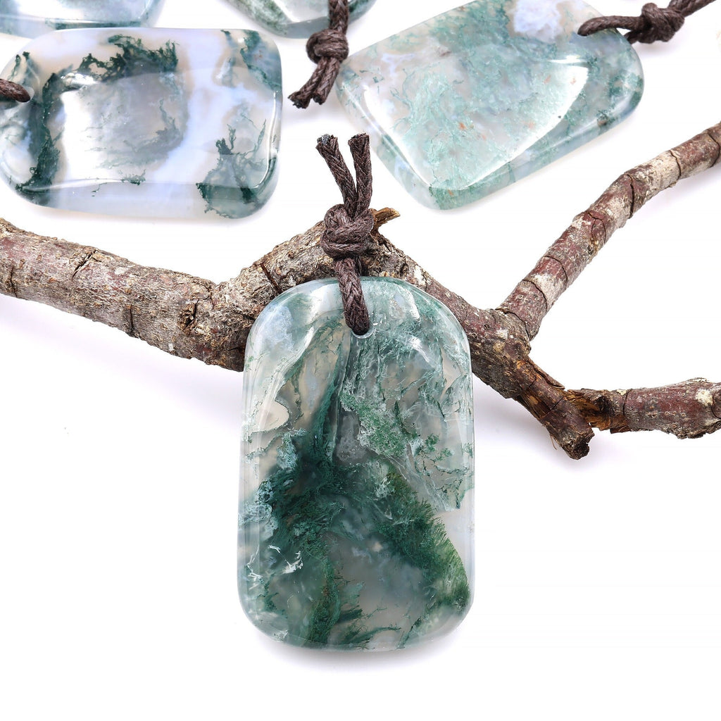 Large Natural Green Moss Agate Trepezoid Sheild Pendant Gemstone Focal Bead