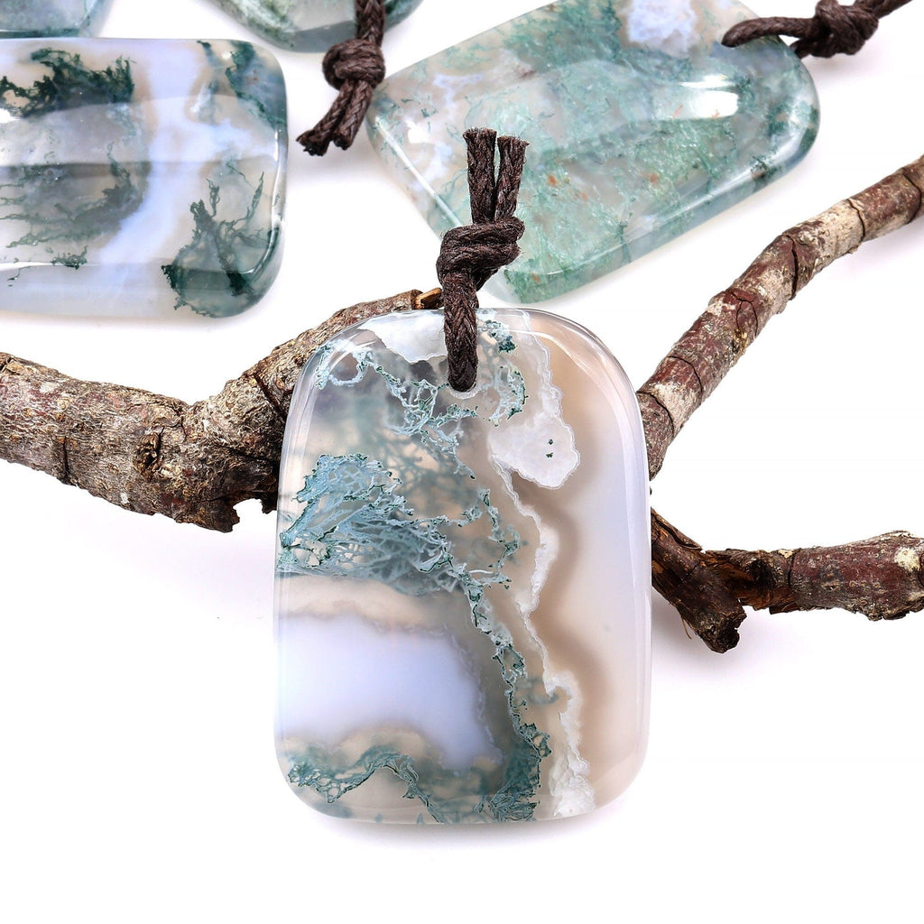 Large Natural Green Moss Agate Trepezoid Sheild Pendant Gemstone Focal Bead A2