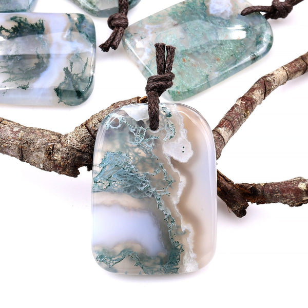 Large Natural Green Moss Agate Trepezoid Sheild Pendant Gemstone Focal Bead A2