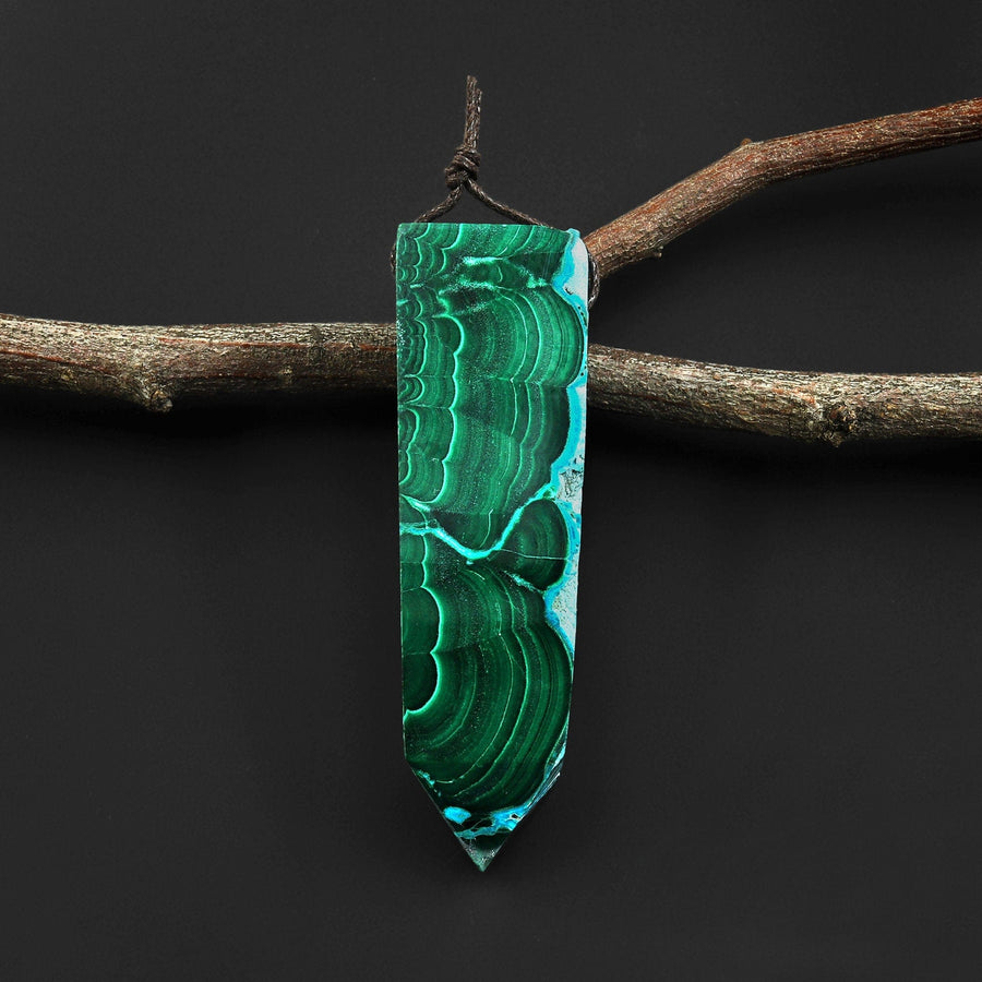 Extremely Rare Natural Blue Chrysocolloa Green Malachite Obelisk Point Pendant Side Drilled Tower Pendulum Healing Crystal