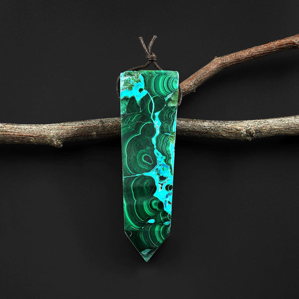 Extremely Rare Natural Blue Chrysocolloa Green Malachite Obelisk Point Pendant Side Drilled Tower Pendulum Healing Crystal A1