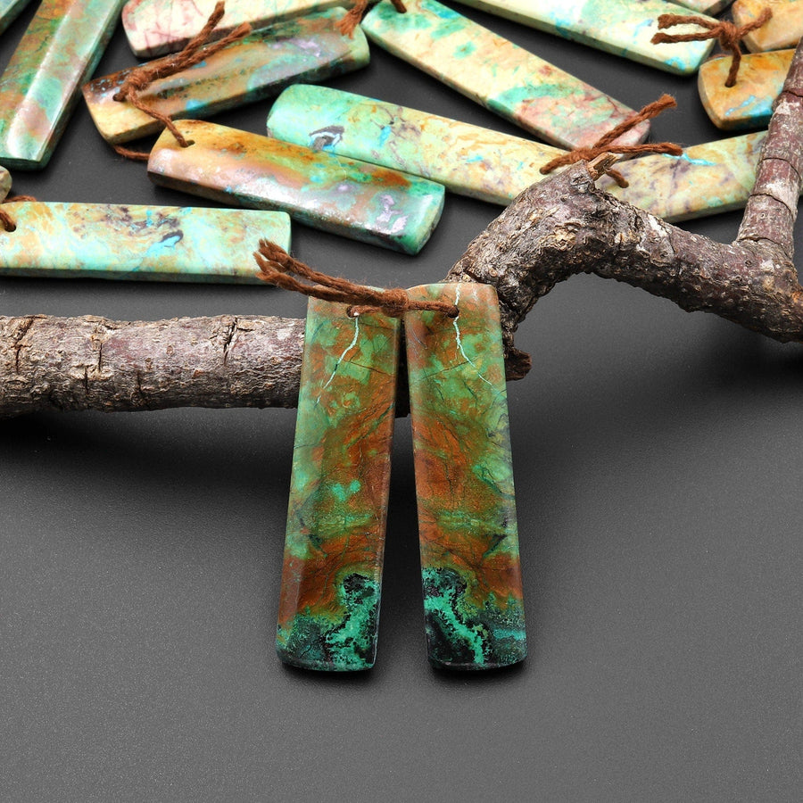 Natural Brown Green Chrysocolla Earring Rectangle Pair Drilled Matched Gemstone Bead From Australia A4