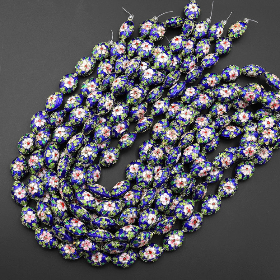 Royal Blue Pink Green Cloisonné 20mm Beads Oval Decorative Floral Enamel 15.5" Strand