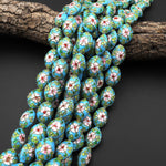 Aqua Blue Pink Green Cloisonné 20mm Beads Oval Decorative Floral Enamel 15.5" Strand