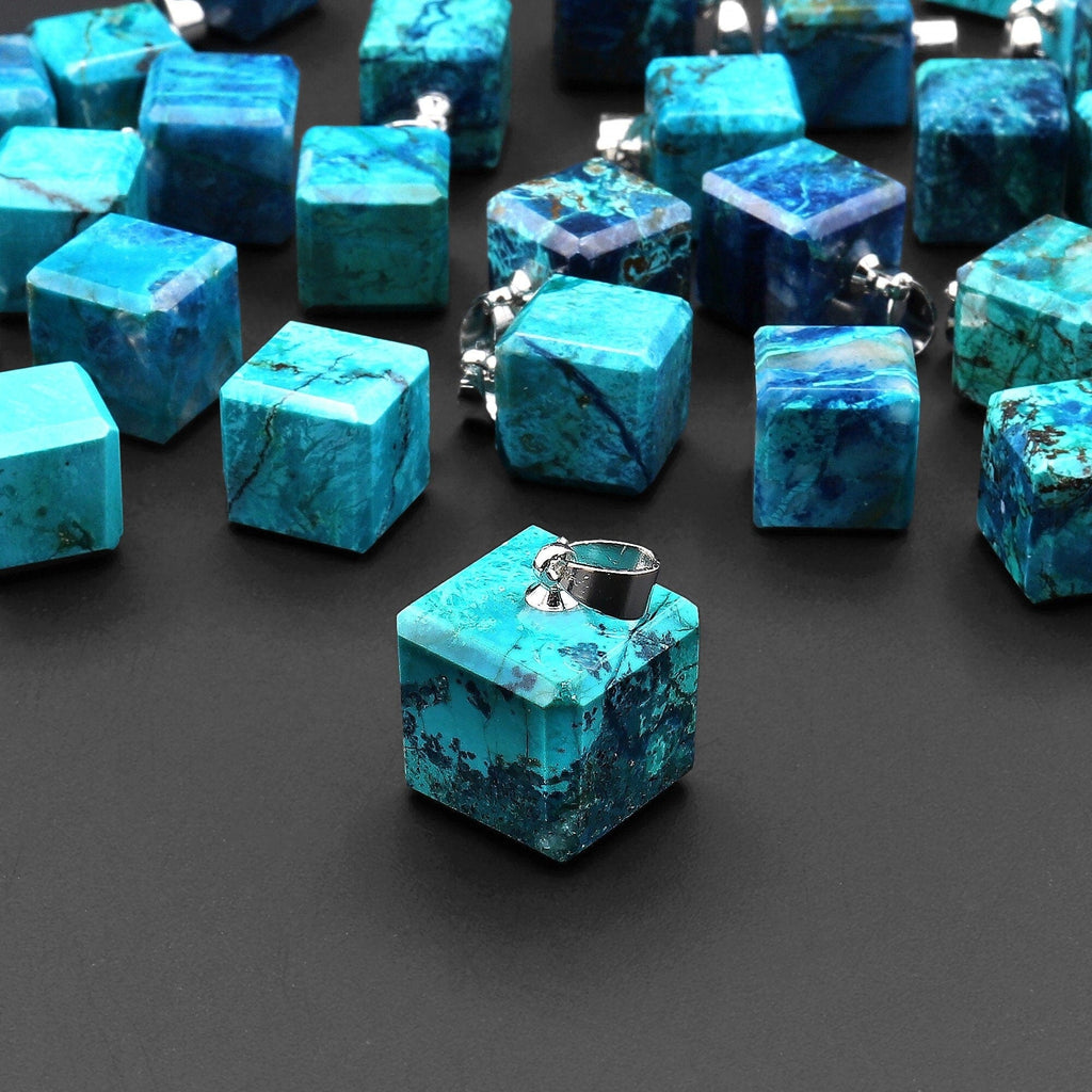 AAA Natural Azurite Chrysocolla Cube Dice Pendant 11mm From the Old Arizona Copper Mine A2