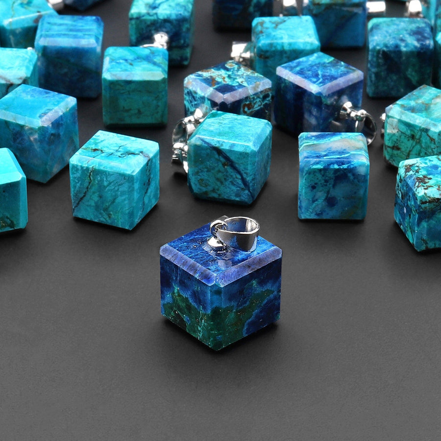 AAA Natural Azurite Chrysocolla Cube Dice Pendant 11mm From the Old Arizona Copper Mine A3