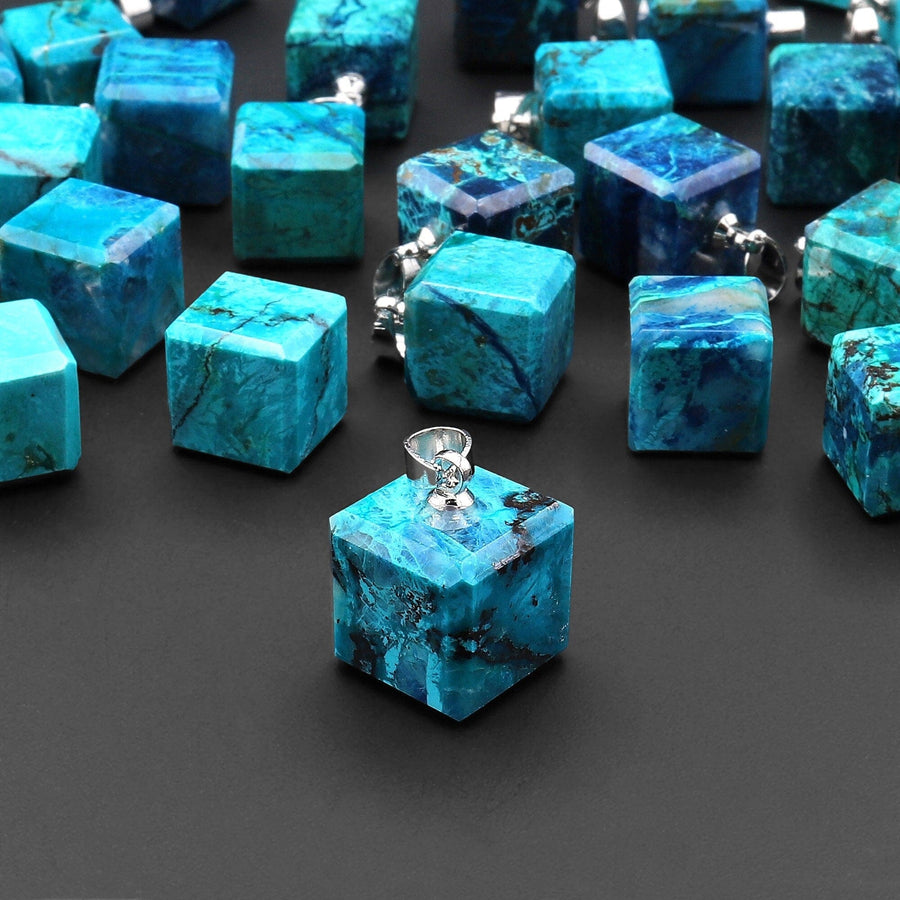 AAA Natural Azurite Chrysocolla Cube Dice Pendant 11mm From the Old Arizona Copper Mine A4