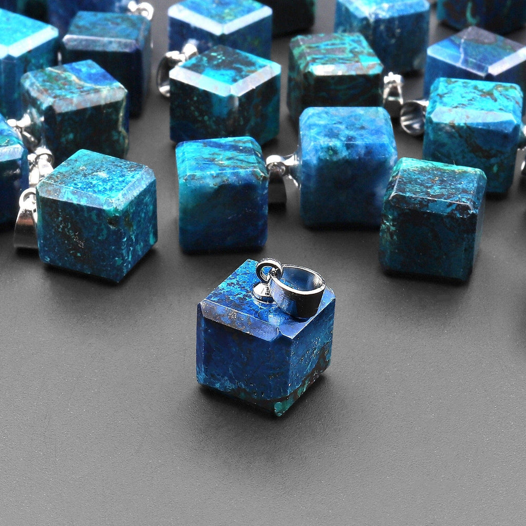 Natural Azurite Chrysocolla Cube Dice Pendant 9mm From the Old Arizona Copper Mine A1