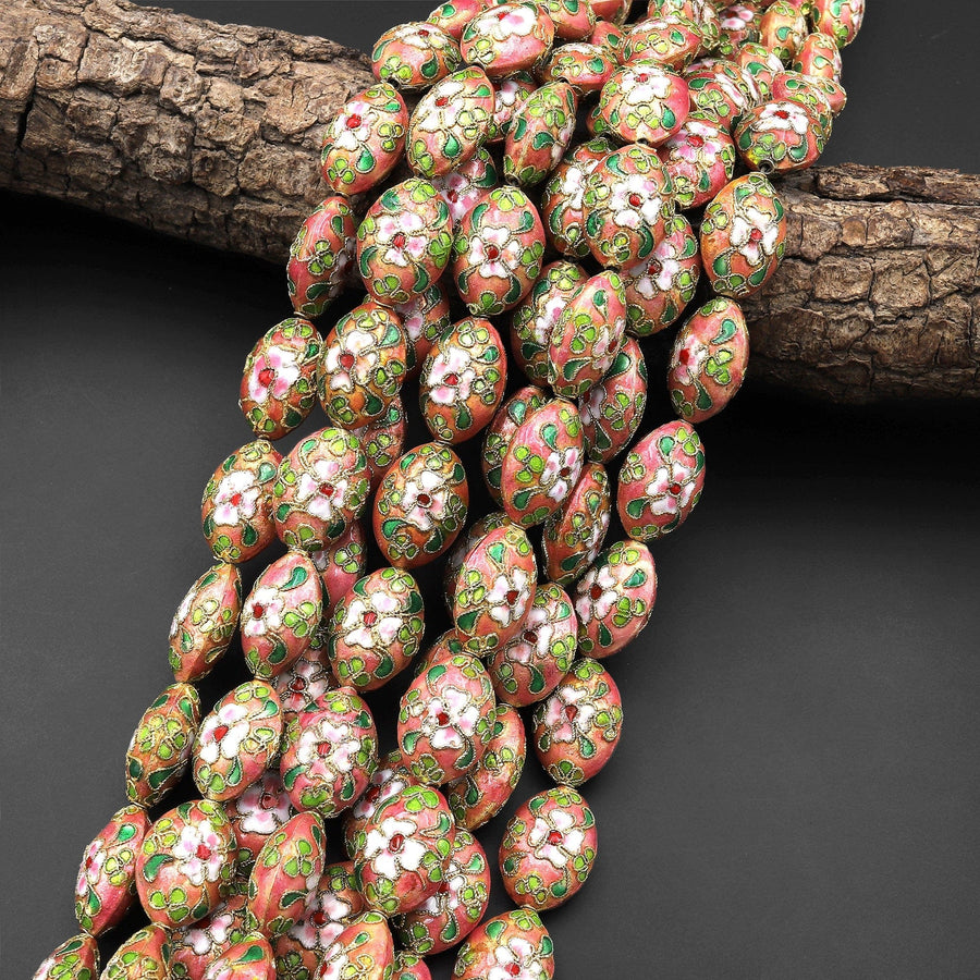 Golden Peach Green Red Cloisonné 20mm Beads Oval Decorative Floral Enamel 15.5" Strand