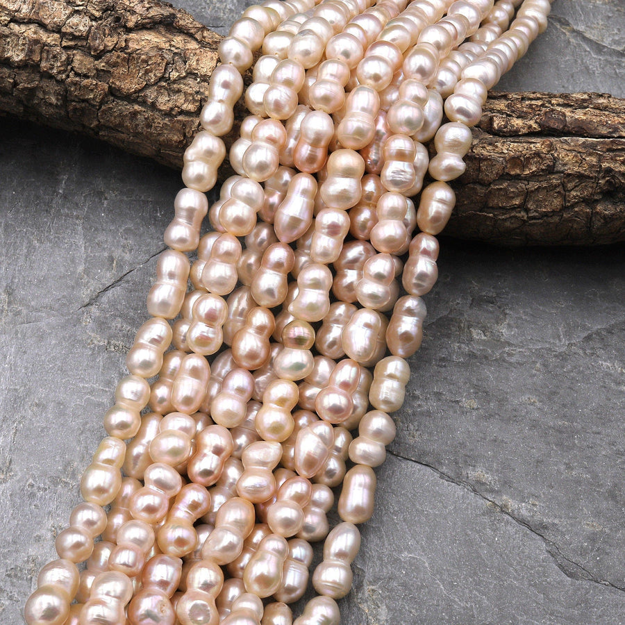 Genuine Natural Silvery Pink White Freshwater Twin Baroque Pearl Center Drilled 15.5" Strand