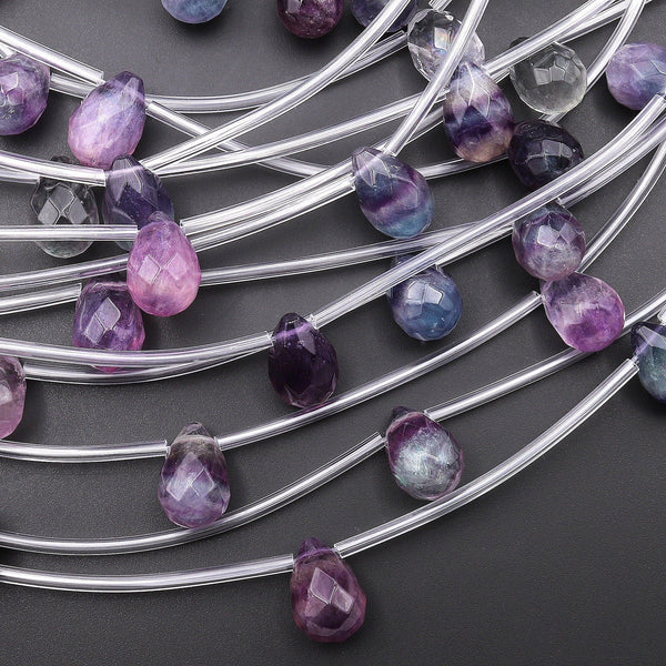 AAA Natural Green Purple Fluorite Faceted Briolette Teardrop Beads 14x10mm Good for Earring Making 8" Strand