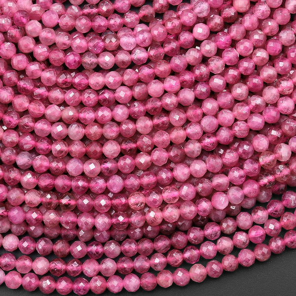 AAA Micro Faceted Natural Pink Tourmaline Faceted 4mm Round Beads Diamond Cut Gemstone 15.5" Strand