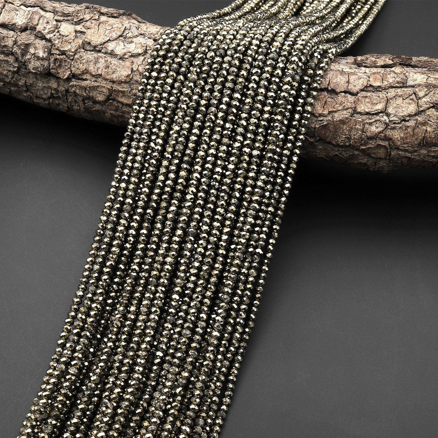 Micro Faceted Natural Iron Pyrite Faceted 3mm Rondelle Beads Diamond Cut Gemstone 15.5" Strand