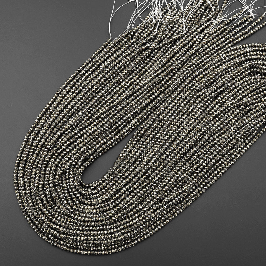 Faceted Small Natural Iron Pyrite Faceted 2mm 3mm Rondelle Beads Diamond Cut Gemstone 15.5" Strand