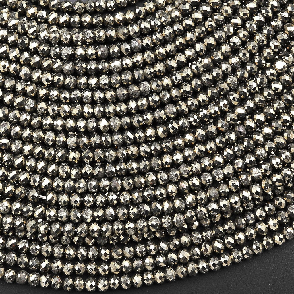 Faceted Small Natural Iron Pyrite Faceted 2mm 3mm Rondelle Beads Diamond Cut Gemstone 15.5" Strand
