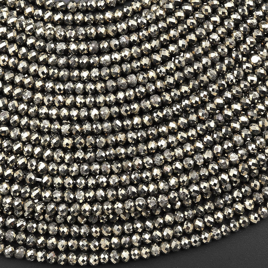 Faceted Small Natural Iron Pyrite Faceted 2mm 3mm Rondelle Beads Diamond Cut Gemstone 15.5" Strand
