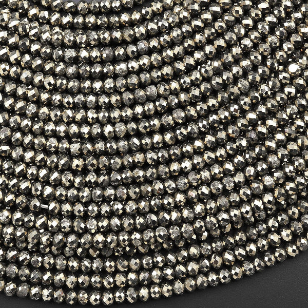 Faceted Small Natural Iron Pyrite Faceted 2mm 3mm Rondelle Beads Diamond Cut Gemstone 15.5" Strand