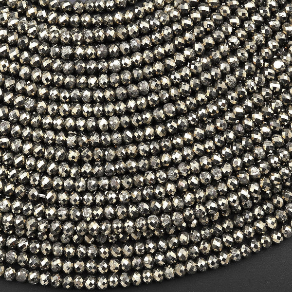 Micro Faceted Natural Iron Pyrite Faceted 3mm Rondelle Beads Diamond Cut Gemstone 15.5" Strand